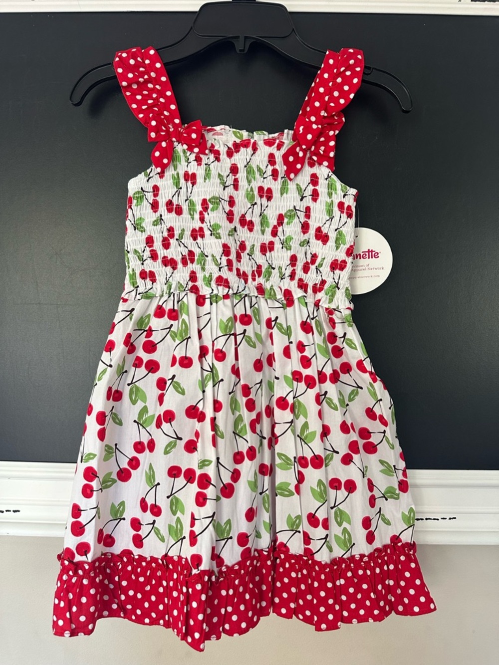 Nannette Girls Red Cherry-Print Smocked Sundress with Polka-Dot Trim Sz. 6